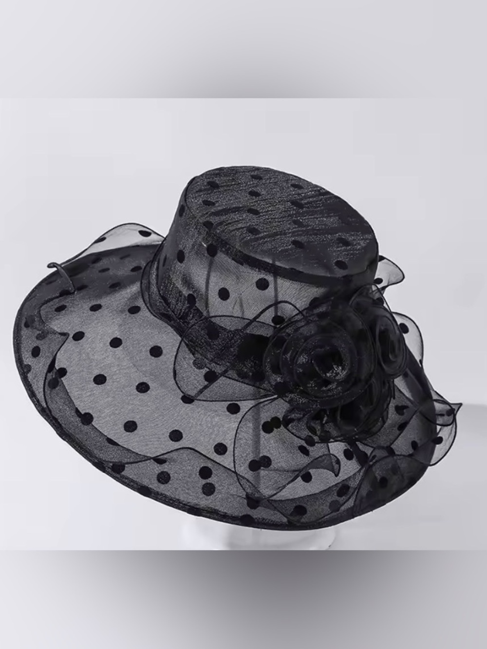 Kentucky Derby Hat, Black Polka Dot Organza Church Hat Tea Party Funeral NWT
